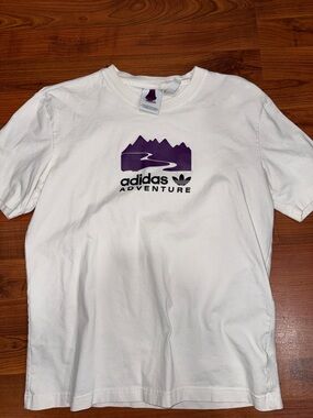 adidas White Short Sleeve Tee with Purple Mountain Logo